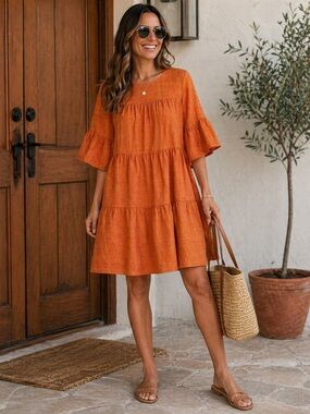 Tiered Summer Dress with 3/4 Bell Sleeves in Rust Linen Color